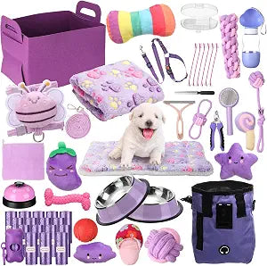 Abbylike 50 Pcs Puppy Supplies Starter Kit for Small Dogs Puppy Essentials Includes Leash, Bowls, Teeth Brushes, Water Bottle, and More Accessories for Dogs Pet Day Welcome Gift(Purple)
