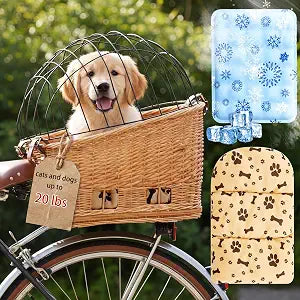 Wicker Dog Bike Basket, Rattan Pet Carrier for Small Dogs Cats with Protective Grille, Includes Ice Pad and Soft Cotton Cushion, for Secure Bicycle Rear Luggage Rack(Tilted-top)