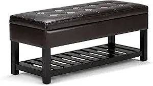 SIMPLIHOME Cosmopolitan Storage Ottoman Bench - 44 inch Wide Upholstered Vegan Leather Rectangle Storage Ottoman in Tanners Brown, Transitional Bench for Bedroom with Tufted Lift-Top and Open Shelf