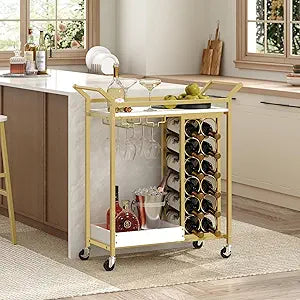 MAHANCRIS Bar Cart with Wine Rack, Bar Cart for Home, Gold Wine Cart with Wheels, Drink Cart with Glass Holder, Serving Cart for Kitchen, Gold and White RCJW18101