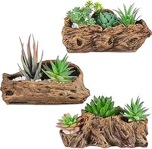 3 Pcs Driftwood Stump Log Concrete Planter Driftwood Planter Succulent Pot Plant Pot for Succulents for Outdoor Indoor Home Patio Garden Decoration (Retro)