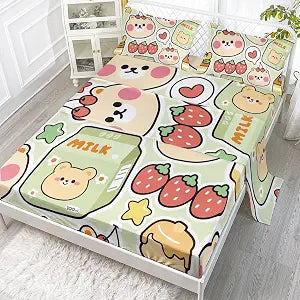 Datura Home Kawaii Strawberry Bear Printed Sheet Set - Queen Size, 4 Pcs (1 Fitted, 1 Flat, 2 Pillowcases)