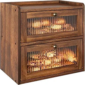 Alpeir Double Layer Large Bread Box for Kitchen Countertop, Ventilation Hole Keep Freshness Longer, Vintage Wooden Breadbox Storage Container with Window for Homemade Bread, Retro Brown