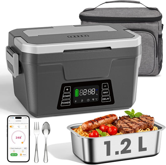 Herrfilk Cordless Electric Lunch Box for Adults with APP Control, 1.2L Portable Heated Lunch Box Battery Powered with Automatic Heating, Self-Heating Food Warmer for Work, 248 F Max, Leak Resistant