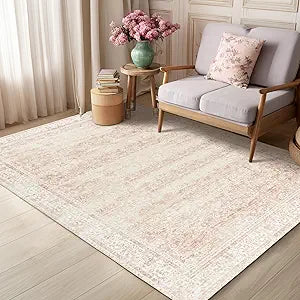 BILEEHOME Vintage Pink Rug 4x6 Washable Non Slip Floral Aesthetic Indoor Rugs for Entryway Kitchen Low Pile Carpet for Laundry Room Bathroom Front Door Mat for Entrance 4 x 6