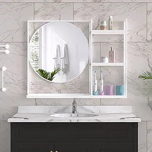 White Metal Framed Bathroom Mirror with Shelf, 31" X 24.4" Rectangular Wall Mounted Bathroom Vanity Mirror, Modern Bathroom Mirror with Storage for Over Sink, Entryway