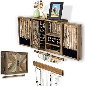ikkle Wooden Jewelry Organizer Wall Mounted, Hanging Jewelry Holder with Removable Bracelet Rod and Hooks for Necklaces Earrings Bracelets Rings, Brown