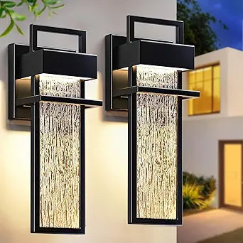 15'' Outdoor Wall Lights 2 Packs, 3000K Integrated LED Outdoor Sconce, Modern Exterior Lighting Fixtures with Rippled Glass, Waterproof Porch Light Outside Lights for House Garage Patio, Black