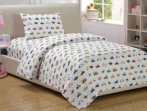 Mk Home 3pc Twin Size Sheet Set Police Cars Construction Trucks Airplane Blue Red Yellow Green Black New