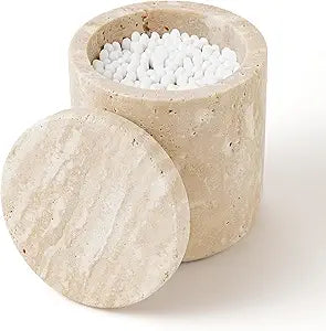 Travertine Qtip Holder Dispenser with Lid for Cotton Swabs,Balls,Pads,Floss Picks Large Capacity Marble Apothecary Jar for Bathroom Essentials Decor, Vanity Makeup Storage Organizer Beige(WH050)