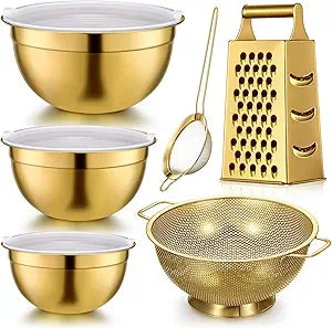 Baderke 6 Pcs Gold Kitchen Accessories Set Includes 3 Gold Mixing Bowls with Airtight Lids Stainless Steel Colander Grater Slicer and Fine Mesh Strainer (Mixing Bowls: 3.7/5/7 Qt, Colander: 5 Qt)