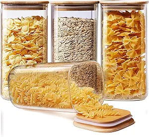 HomArtist Square Glass Jars with Bamboo Lids 53 FL OZ [Set of 4], Glass Canisters with Airtight Lid, Glass Food Storage Containers for Pasta, Cereal, Coffee, Flour, Sugar, Best for Kitchen & Pantry