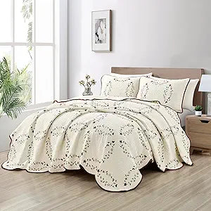 Sunshine Nicole Embroidery Quilt Set, Cotton Material and Filling, with Tranditional Embroidery Patten, 3 Pieces King Set, Prewashed