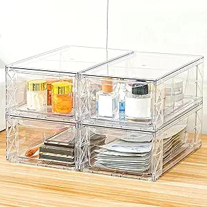4 Pack Acrylic Storage Drawers, Clear Stackable Storage Drawers, Acrylic Organizers Drawers for Under Sink, Pantry, Bathroom, AcrylicStorage Containers for Makeup Organizers Cosmetic Display, Medium