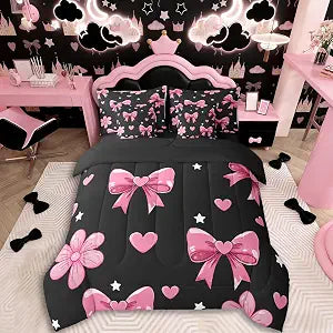 jejeloiu Bowknot Comforter Set Full Size 7 Pieces Black Pink Bedding Set for Kids Boys Girls Pink Bow Bed in a Bag with Comforter, Sheets, Pillowcases, Cushion Covers Colourful Bowknot Bedroom Decor