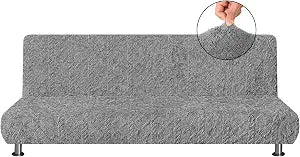 SmoothNovelty Armless Futon Cover Geometric Jacquard Plush Cover Stretch Sofa Bed Slipcover Furniture Protector Without Armrests with Elastic Bottom, Soft Jacquard Fabric Small Checks, Gray