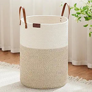 VIPOSCO Tall Laundry Basket, Large Dirty Clothes Hamper with Leather Handle, Woven Rope Storage Basket for Blanket, Toy In Living Room, Bathroom, Bedroom - 100L White & Brown