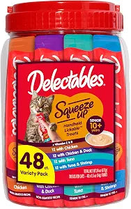 Delectables Squeeze Up Senior 10+ Variety Pack, Creamy Squeezable Puree, Lickable Wet Cat Treats, Grain Free, 0.5 Ounces Tube, 48 Tubes Total