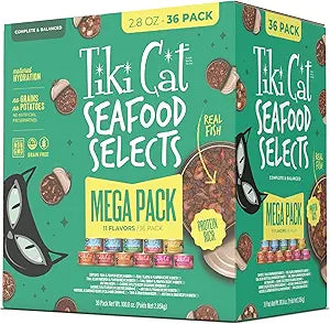 Tiki Cat Seafood Selects Variety Pack, High Protein with Real Flaked Fish, Wet Cat Food Mega Pack for Adult Cats, 2.8oz. Can (36 Count)