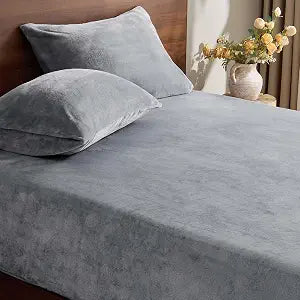 BEDELITE Flannel Full Fitted Sheet & Pillowcases Set, Grey, 3 Pieces