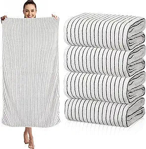 4 Pieces Extra Large Black and White Striped Bath Towels Set 35 x 70 in Coral Fleece Oversized Beach Pool Bathroom Towel Highly Absorbent Soft Quick Dry Shower Bath Sheets for Hotel Spa