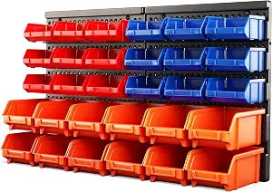 HORUSDY Wall Mounted Storage Bins Parts Rack 30PC Organizer Garage Plastic Shop Tool for Men's Gift, Blue,Orange,Red