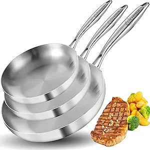 LOLYKITCH 8+10+12 Inch Tri-Ply Stainless Steel Frying Pan Set Professional Skillet Fast & Even Heating, Induction & Oven Safe Cookware for Modern Home Kitchens, Detachable Handle
