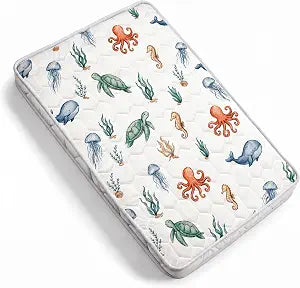 Pack and Play Mattress Pad 38x26x1.5, Ocean Animals Pack n Play Mattress for Baby Toddler, Breathable Firm Foam Playpen Mattress with Non-Slip Bottom, Portable Playard Mattress for Graco/Baby Trend