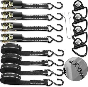 4 Pack Tie Down Kit for Kennel - Tie Down D-Ring Kit - 1000 Lbs, with Wrench, Tie Down Straps Kit Compatible with RuffLand Kennels - 1800 LB Break Strength, Night Reflection, 10 Ft
