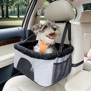 ROODO Dog Car Booster Seat with Safety Leash and Foldable Metal Frame for Small Pets up to 20 lbs Height-Adjustable Portable Puppy/Cat Car Seats with Plush Thick Cushion Mesh Window(Gray)