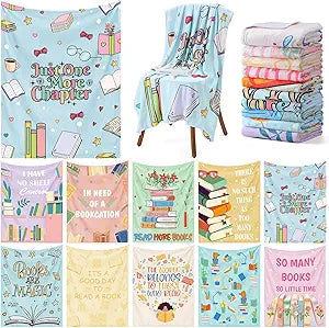 VitalCozy 10 Pack Book Club Gifts Bulk Reading Throw Blanket Soft Flannel Throw Decor with Bookish Reading Quotes Patterns Book Lover Gifts Blankets for Sofa Couch Home Decor