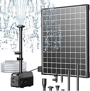 Biling 25W Solar Fountain Pump, 410GPH Submersible Solar Pond Pump with Filtration and Dry Run Protection, 4.9ft Lift, 17ft Cord, 4 Nozzles, 6.7ft Tubing for Pond Fountain, Outdoor Water Features