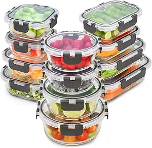 Freshware Glass Storage Containers with Lids, 24 Pieces, 12 Containers with 12 Lids, Glass Meal Prep Container for Lunch, Food Storage Containers, Leak Proof, Freezer Safe, Gray