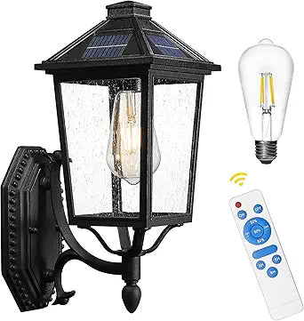 HWH Outdoor Solar Wall Light, Dusk to Dawn Exterior Light Fixture Outside Wall Sconce, Vintage Wall Mounted Porch Light, Black Finish with Seeded Glass, 5HX107B-SL BK