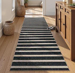 Lahome Elance Striped Easy Jute Runner Rug, 2x8 Kitchen Rug Non Slip Washable Outdoor Runner for Entryway Indoor, Farmhouse Black Indoor Outdoor Carpet for Hallway 8ft Entry