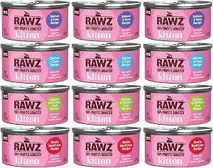 Rawz Natural Premium Kitten Pate Canned Cat Wet Food -12 Pack Cans Variety Flavor Pack -4 Flavors - (Salmon, Chicken, Tuna, Beef) Pets Can Lid - (2.8 oz Cans)
