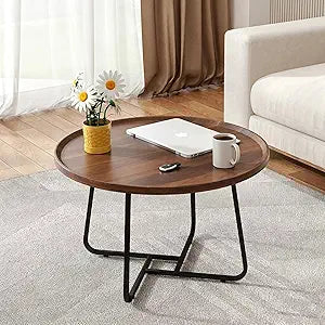 Small Round Coffee Table, Wooden Surface Top & Sturdy Metal Legs Coffee Table with Fluted, End Table for Living Room Bedroom Office Balcony Yard (Walnut, 20 inches)