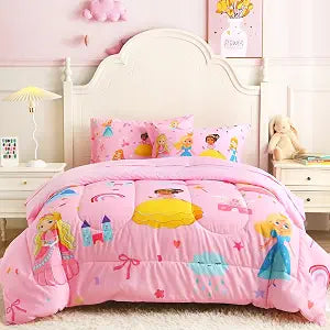 lasoftan Kids' Princess Twin Comforter Set, 5-Piece Soft Fluffy Bed-in-a-Bag with Comforter, Fitted Sheet, Flat Sheet, Pillowcase, Pillow Sham, Deep Pocket 15", All-Season, Pink Princess, Twin