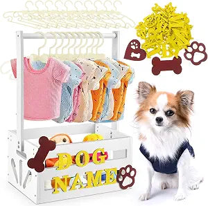 Teenyyou 20 x 13 x 9 Wooden Dog Closet Pet Wardrobe Crate Box with Hanging Rods and Personalized Alphabet Letters Easy Assembly Baskets for Dog Cat Toys Clothes Accessories(White)
