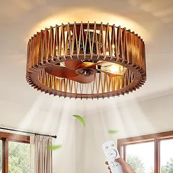 20" Flush Mount Caged Ceiling Fan with Light, Farmhouse Low Profile Ceiling Fan with Remote, Wooden Fandelier 6 Speed Quiet DC Motor, Reversible Chandelier Ceiling Fan for Bedroom Kitchen Living Room