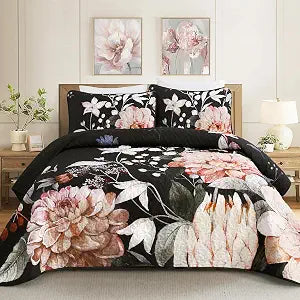 Drucon Floral Quilt King Size - 3 Pieces Black Quilt Botanical Bedspread Soft Lightweight Flower Bedding Set for All Season (104"x90")