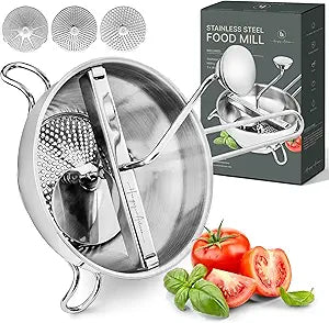 Stainless Steel Food Mill with 3 Discs  Ergonomic Rotary Hand Crank for Tomato Sauce, Applesauce, Baby Food, Mashed Potatoes, Puree & Canning