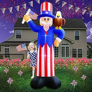 10FT Tall 4th of July Inflatable Uncle Sam Holding American Flag with Bald Eagle, Blow Up Patriotic Independence Day Decoration Built-in 4 Led Lights for Lawn Yard Outdoor Indoor Holiday Decor