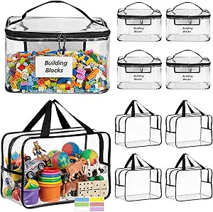 10 Pack Clear Toy Storage Bags with Labels, 2 Style Reusable PVC Organizer Bags with Zipper and Manual Pocket for Building Blocks, Board Games, Puzzles, Kids Books, Classroom and Travel Storage