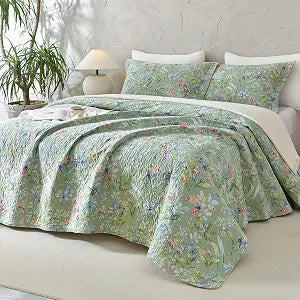 Lady Ann 100% Cotton Floral Cal King Quilt Set - Green Flower Bird Butterfly Pattern Print Quilted 118x106 Bedspread & Coverlet Set, 3 PCS Lightweight Extra Soft King Bedding Sets All Season