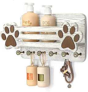 MTERSN Farmhouse Dog Leash Holder for Wall - Cute Dog Accessories Storage Organizer with Floating Shelf and 6 Key Hooks  Key Holder Wall Mount for Rustic Home Decor (White)