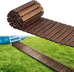 MEWTOGO 10ft Anti-Slip Wooden Pool Walkway for Above Ground Pools  Weather-Resistant Carbonized Wood Roll-Up Pathway, Helps Keep Dirt & Mud Out, Boardwalk for Pool Ladder Area (Brown)