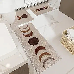 Schweek Boho Bathroom Rugs Sets 3 Piece, Non-Slip Absorbent Moon Phases Bath Mats, Microfiber Bath Rug with Toilet Mats U-Shaped Washable Boho Area Rug Carpet
