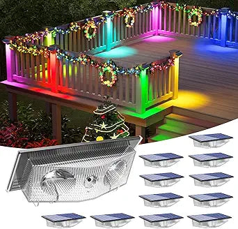 Solar Fence Lights, Fence Light Solar Powered with 6 RGB Colors & Warm White & Cool White, Waterproof Bright Backyard Fence Solar Outdoor Lights for Outside Deck Wall Step Patio Pool(12 Packs)