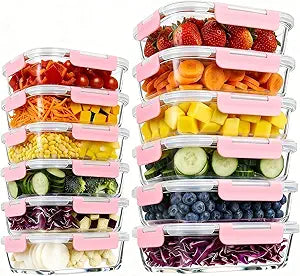 Konokyo Rectangular Glass Food Storage Containers with Lids, 12 Pack Airtight Leakproof Meal Prep Containers, BPA-Free, Microwave Oven Freezer & Dishwasher Safe, Assorted Sizes